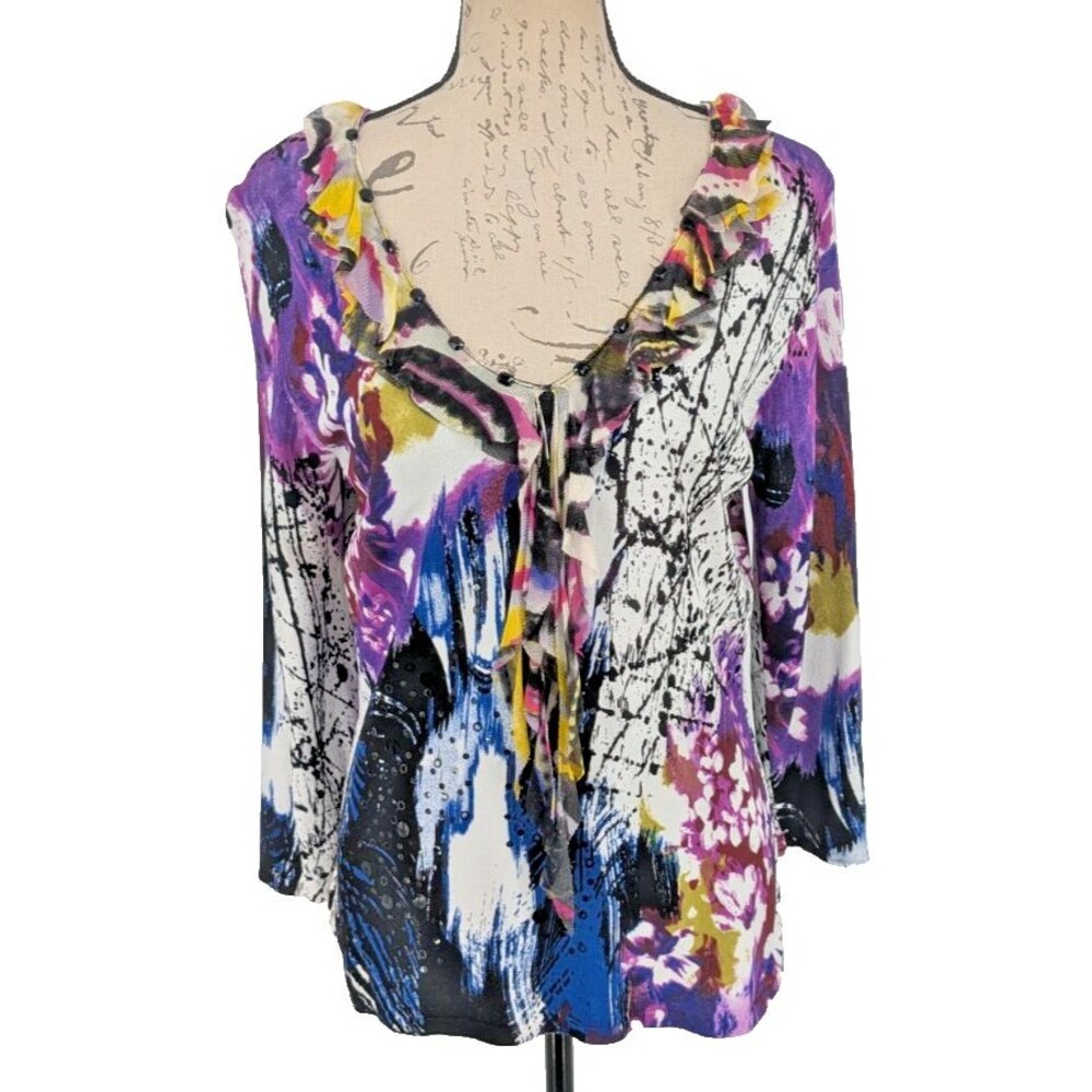 Wild Art to Wear Top LARGE Colorful  Abstract  Deep V Long Sleeve Alberto Makali